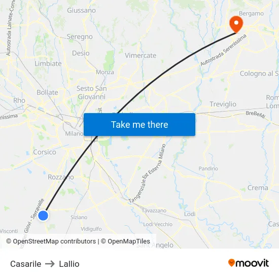 Casarile to Lallio map