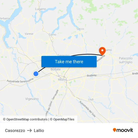 Casorezzo to Lallio map