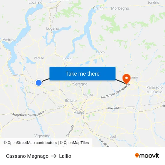 Cassano Magnago to Lallio map