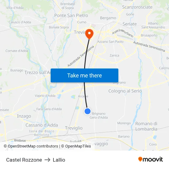Castel Rozzone to Lallio map
