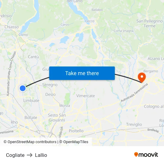 Cogliate to Lallio map