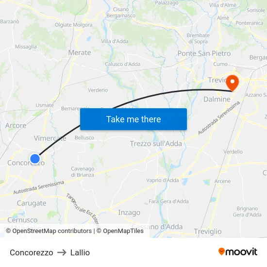 Concorezzo to Lallio map