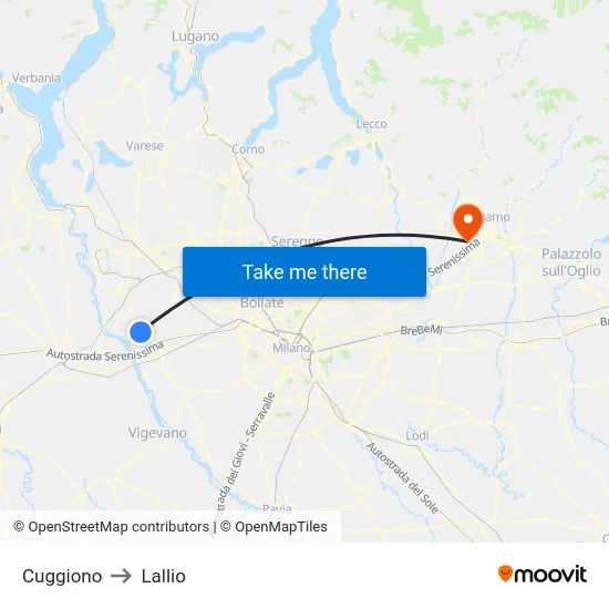 Cuggiono to Lallio map