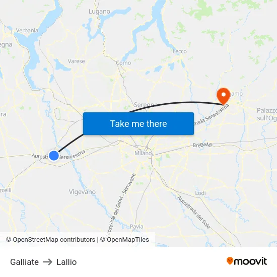 Galliate to Lallio map