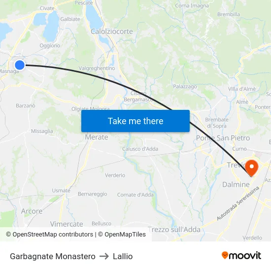 Garbagnate Monastero to Lallio map