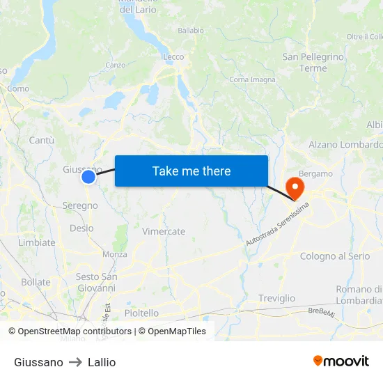 Giussano to Lallio map