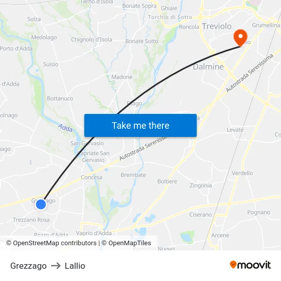 Grezzago to Lallio map