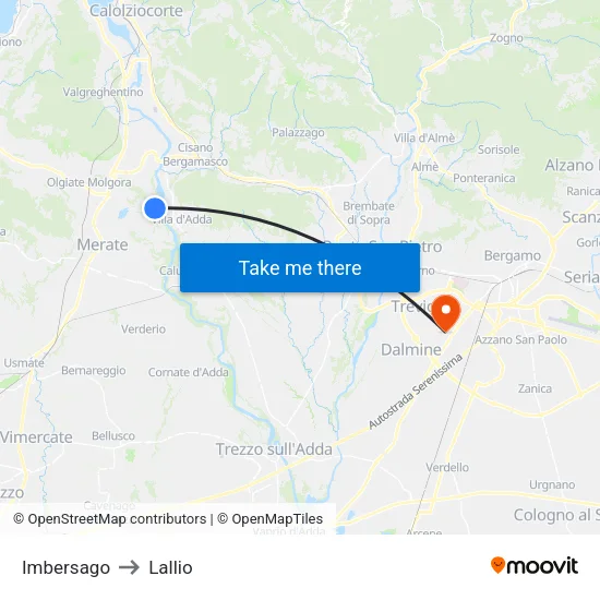Imbersago to Lallio map