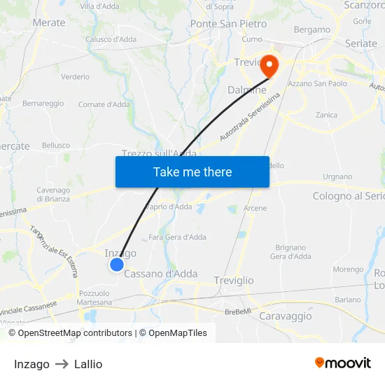 Inzago to Lallio map