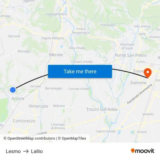 Lesmo to Lallio map