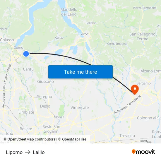 Lipomo to Lallio map
