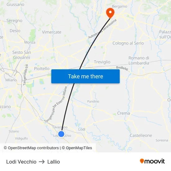 Lodi Vecchio to Lallio map