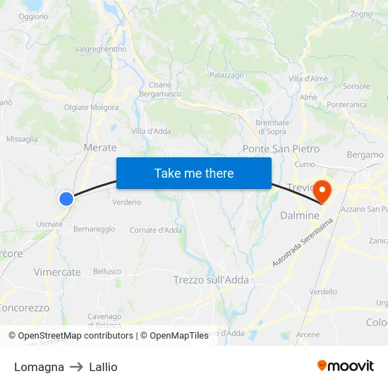 Lomagna to Lallio map