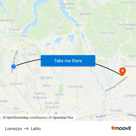 Lomazzo to Lallio map