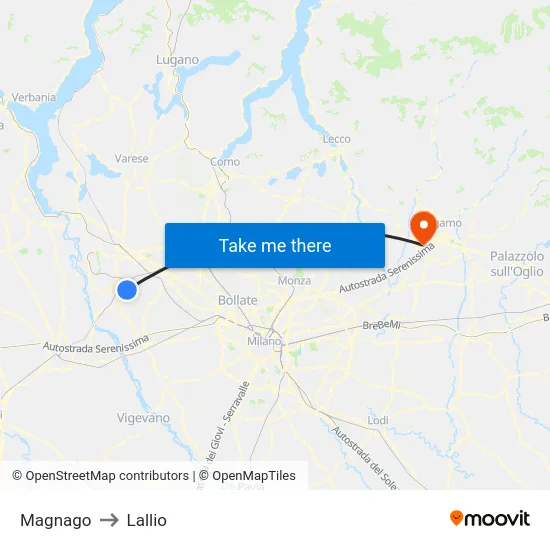 Magnago to Lallio map