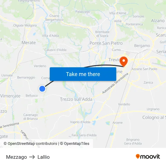 Mezzago to Lallio map