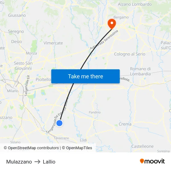 Mulazzano to Lallio map