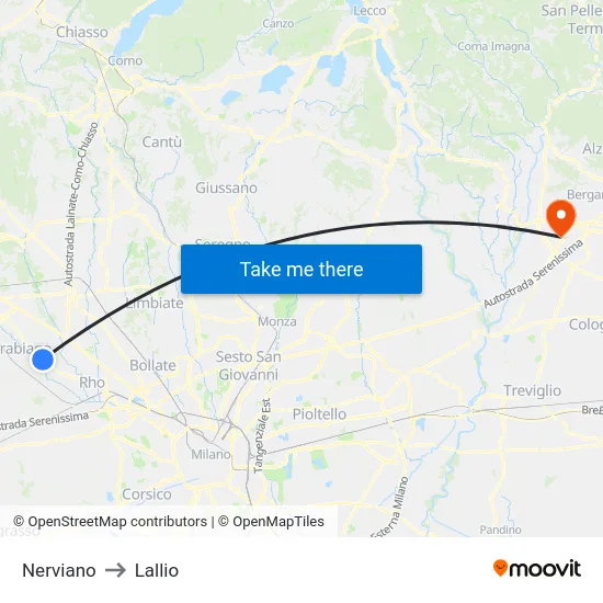 Nerviano to Lallio map