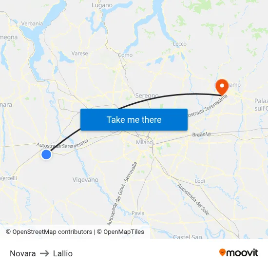 Novara to Lallio map