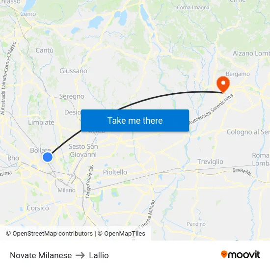 Novate Milanese to Lallio map