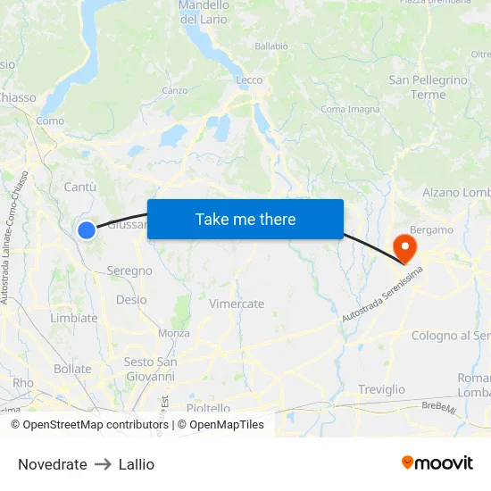 Novedrate to Lallio map