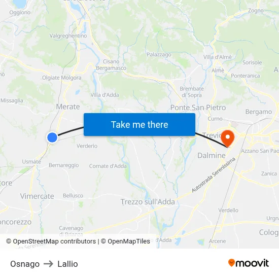 Osnago to Lallio map