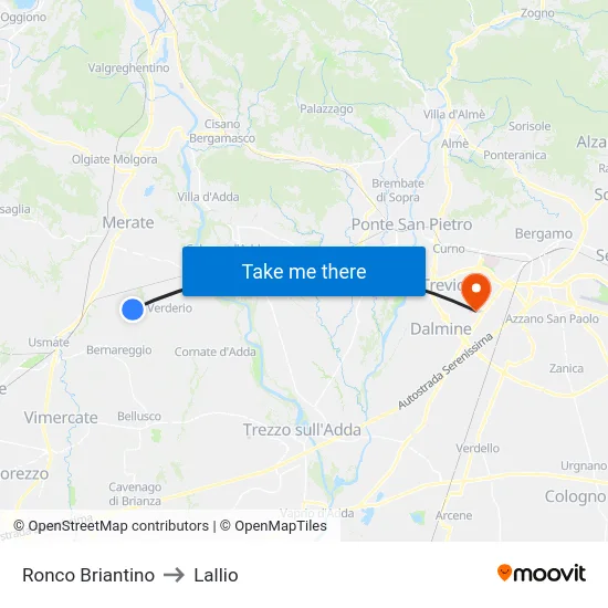 Ronco Briantino to Lallio map