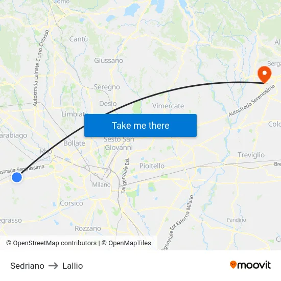 Sedriano to Lallio map