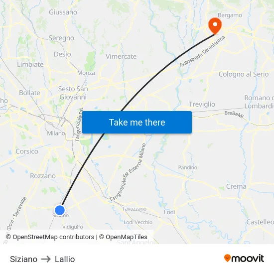 Siziano to Lallio map