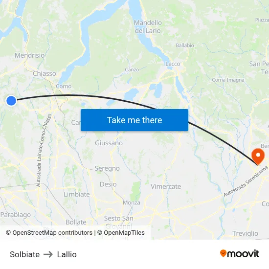 Solbiate to Lallio map