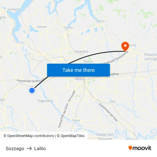 Sozzago to Lallio map