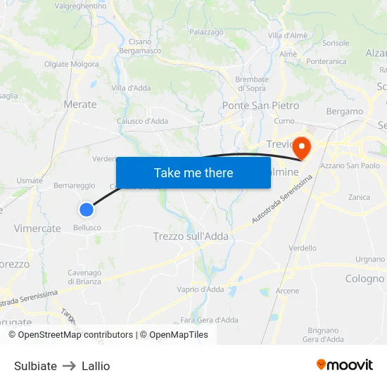 Sulbiate to Lallio map
