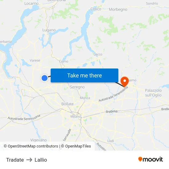 Tradate to Lallio map