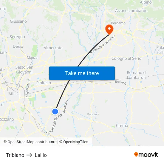 Tribiano to Lallio map