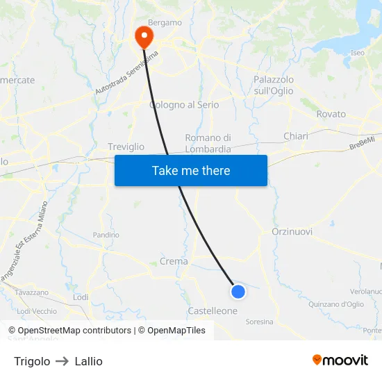 Trigolo to Lallio map