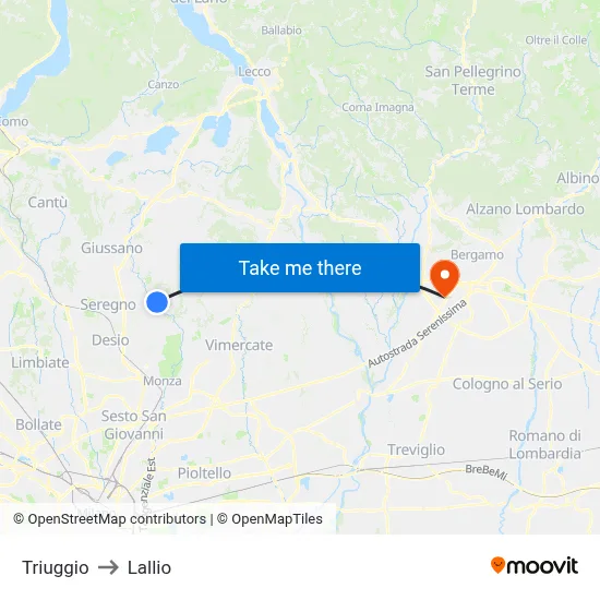 Triuggio to Lallio map