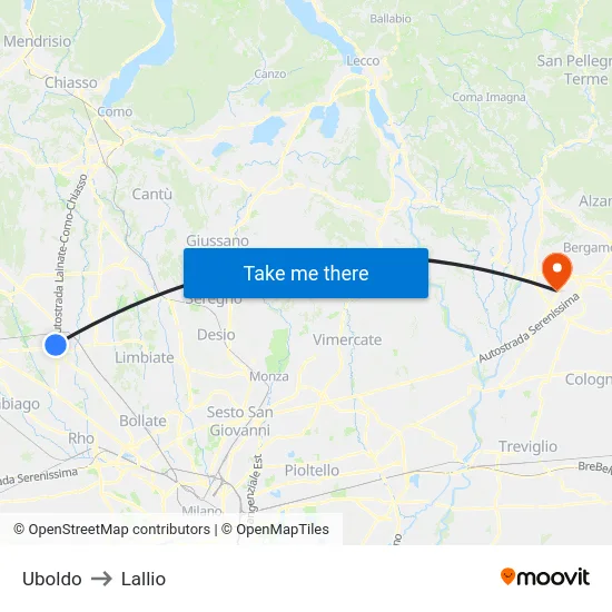 Uboldo to Lallio map