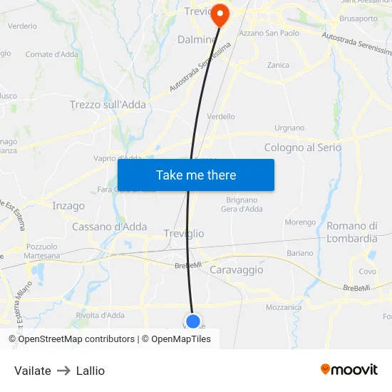 Vailate to Lallio map