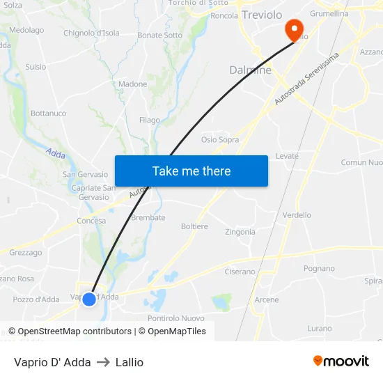 Vaprio D' Adda to Lallio map