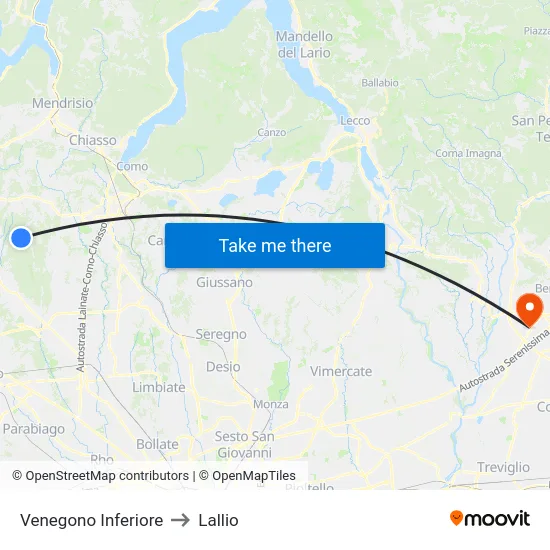 Venegono Inferiore to Lallio map