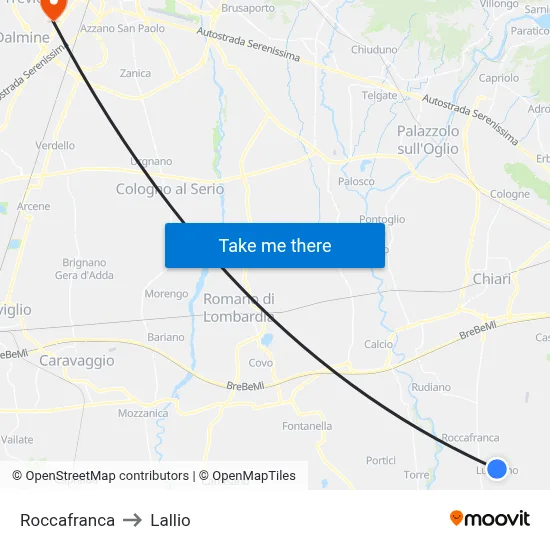 Roccafranca to Lallio map