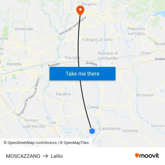 Moscazzano to Lallio map
