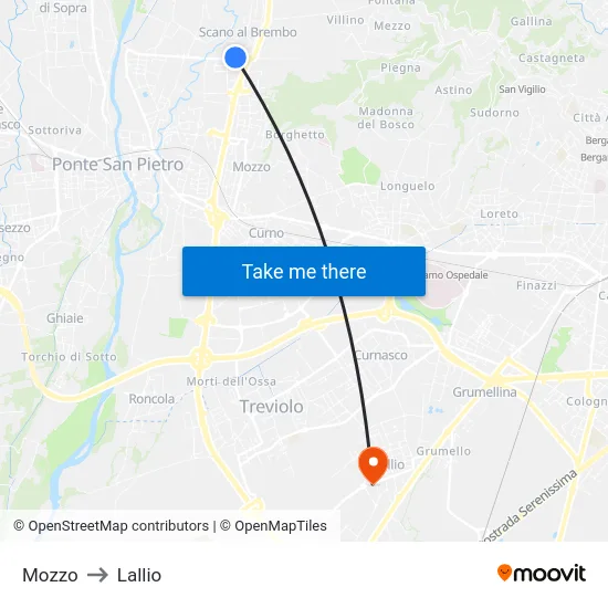 Mozzo to Lallio map