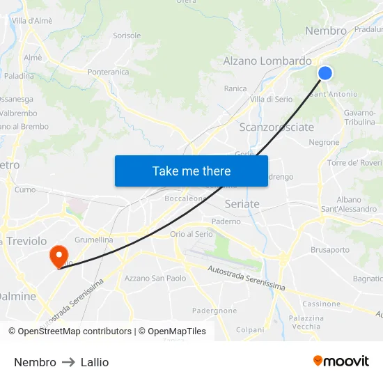 Nembro to Lallio map