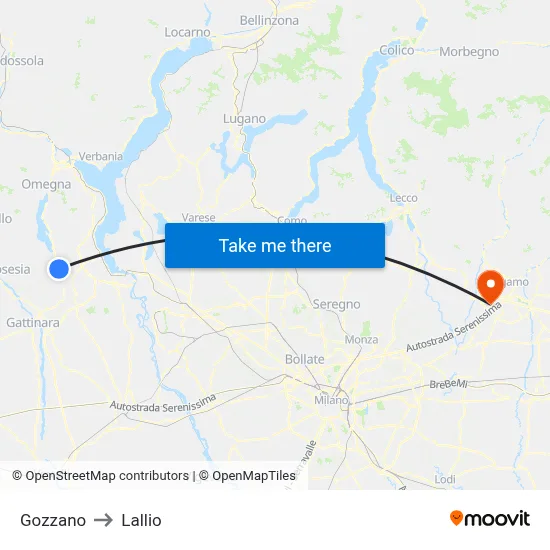Gozzano to Lallio map