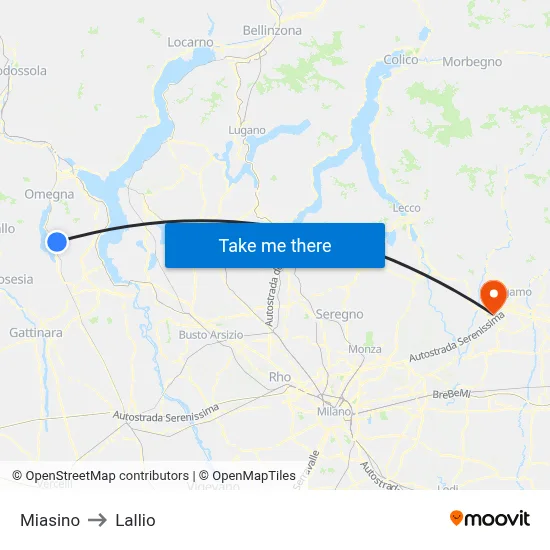 Miasino to Lallio map