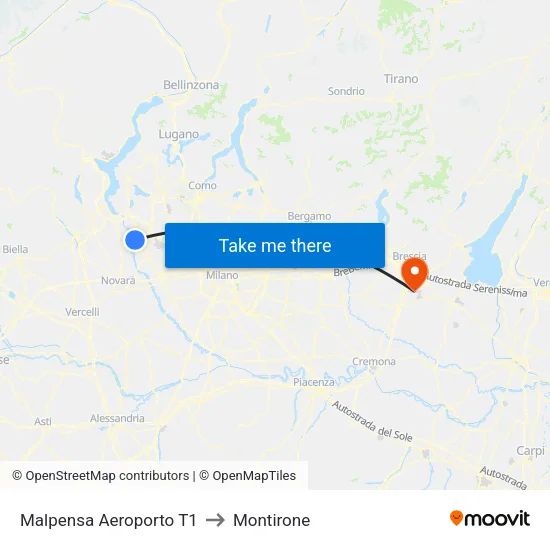 Malpensa Aeroporto T1 to Montirone map