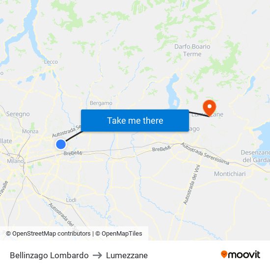 Bellinzago Lombardo to Lumezzane map