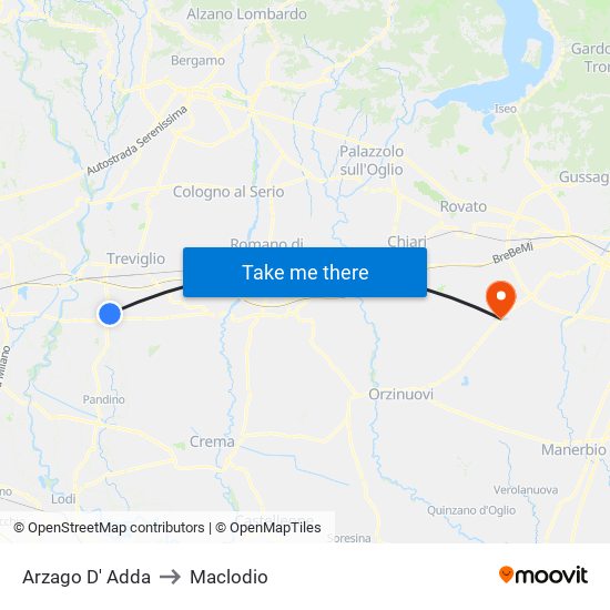 Arzago D' Adda to Maclodio map