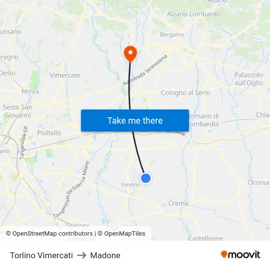 Torlino Vimercati to Madone map